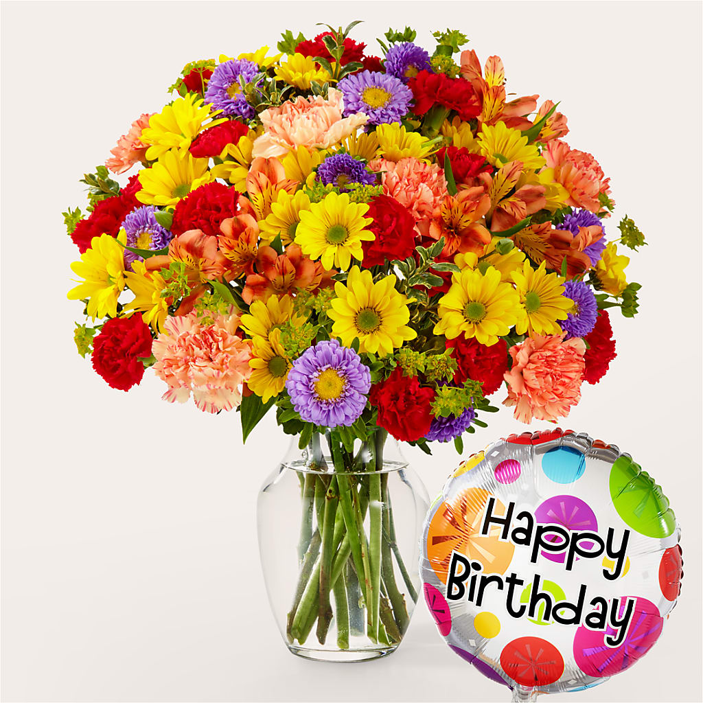 Kaleidoscope Bouquet with Birthday Balloon – FRIEND'S FLOWERS, Los Angeles CA