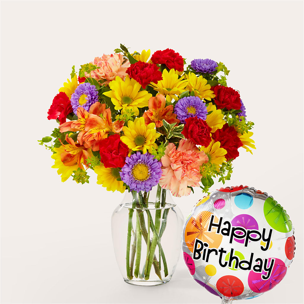 Kaleidoscope Bouquet with Birthday Balloon – FRIEND'S FLOWERS, Los Angeles CA