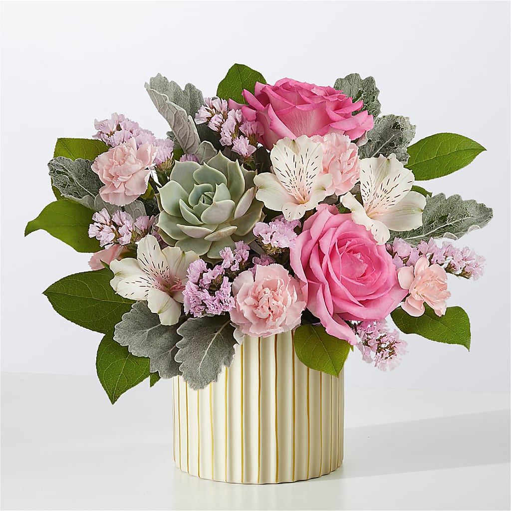 Dusty Rose Bouquet with Ivory Vase – FRIEND'S FLOWERS, Los Angeles CA