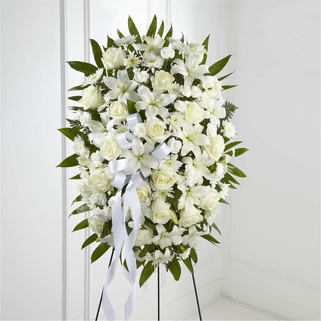 Exquisite Tribute Standing Spray-White Ribbon – FRIEND'S FLOWERS, Los Angeles CA