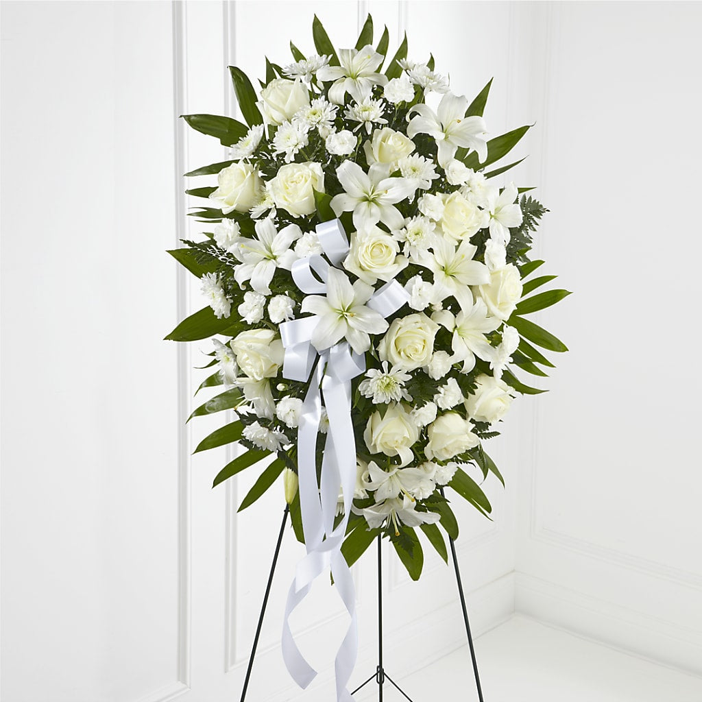 Exquisite Tribute Standing Spray-White Ribbon – FRIEND'S FLOWERS, Los Angeles CA